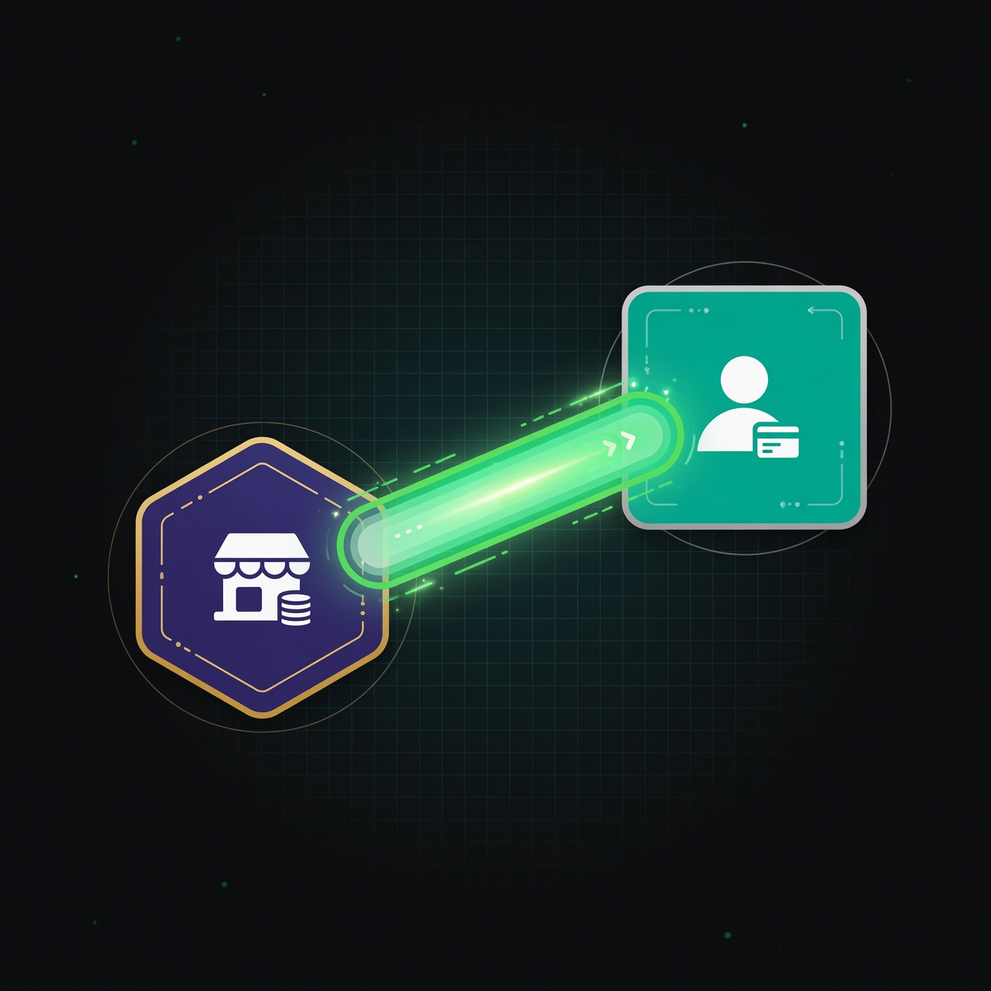 Merchant and customer nodes joined by AI payment beam